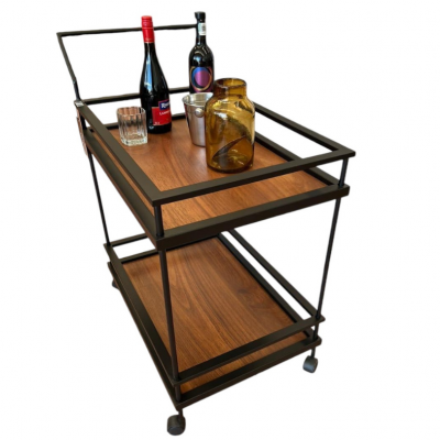 Carrito Auxiliar de 2 Charolas de Madera y Metal con Ruedas