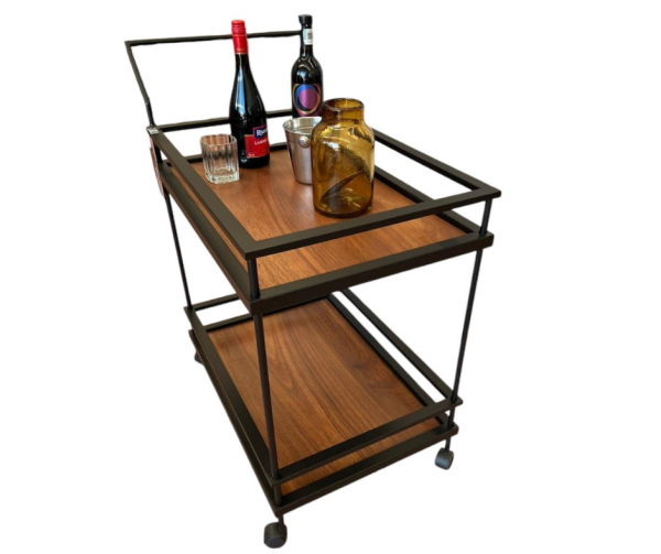 Carrito Auxiliar de 2 Charolas de Madera y Metal con Ruedas